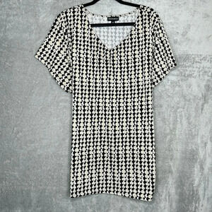 Fashion Bug 2X Shirt Top Brown Geometric Short Sleeve V Neck Stretch Casual